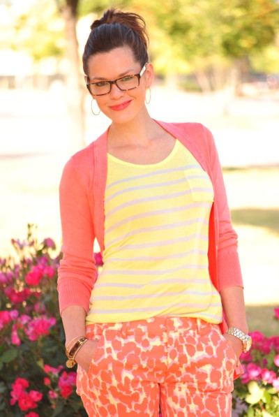 Coral Cardigan, Yellow Shirt